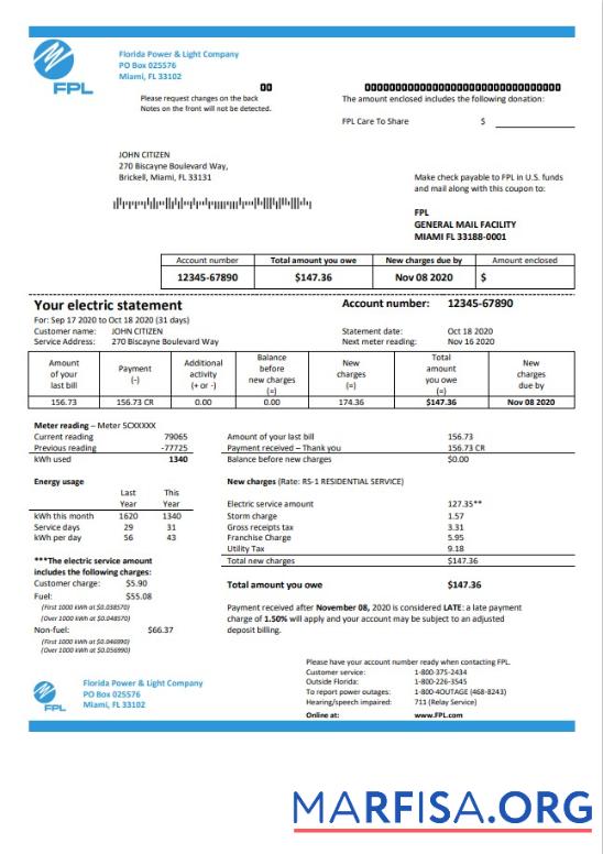 Printable USA Florida Power & Light Company (FPL) electricity utility bill template in Word and PDF format